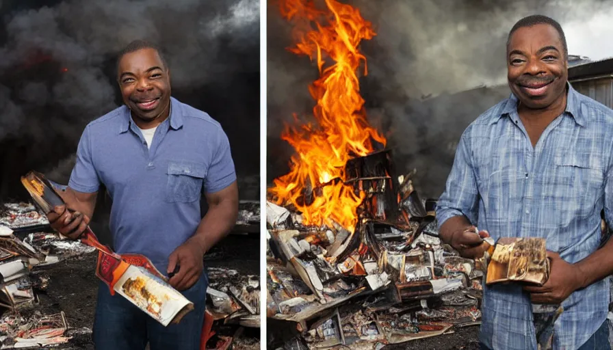 Prompt: high resolution, photo documentary style, photograph of levar burton burning books behind a liquor store,