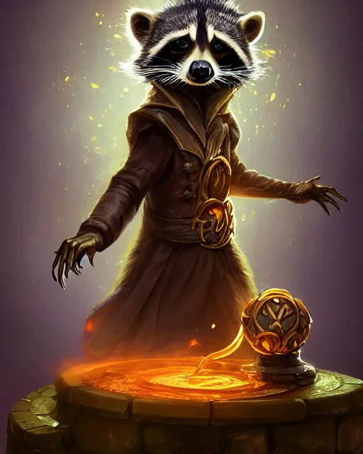 Image similar to closeup 2 8 mm anthropomorphic warlock raccoon casting a spell in a castle, d & d, fantasy, intricate, action pose, particle effects, highly detailed, digital painting, artstation, concept art, matte, sharp focus, volumetric lighting, illustration, hearthstone, art by artgerm, wlop, greg rutkowski and alphonse mucha