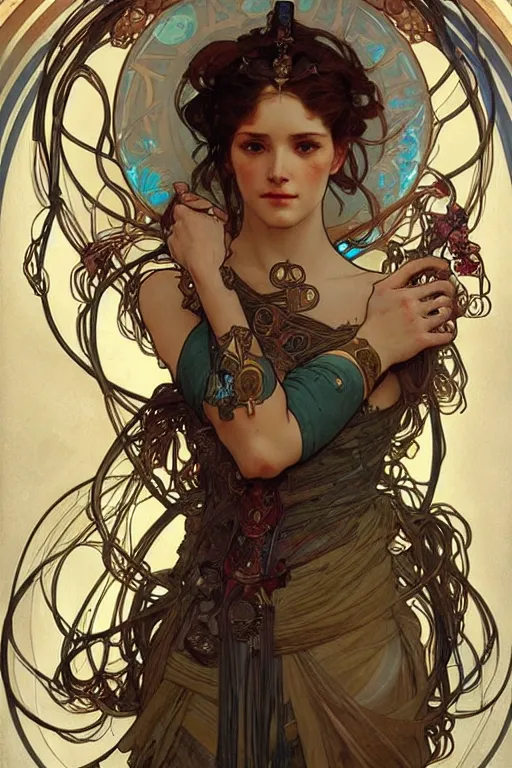 Image similar to realistic detailed portrait of a very beautiful warrior queen by alphonse mucha, charlie bowater, cyberpunk! style, mechanical accents!, flowing wires with leaves, rich deep moody colors