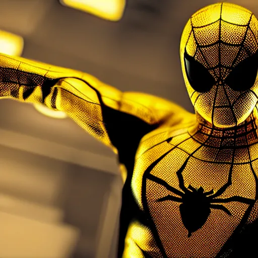 Image similar to gold spider - man suit with black web lining, cinematic, volumetric lighting, realistic, hyperdetailed, photorealistic, photograph