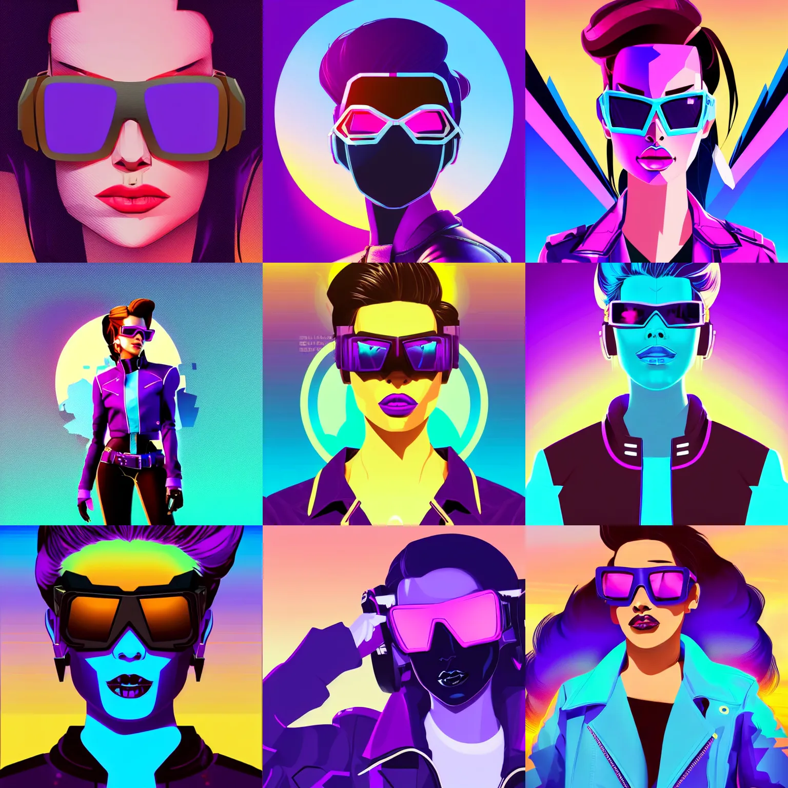 Prompt: portrait of sombra from overwatch with light blue shutter shades in front of a sunset, a dark purple leather jacket, one side brown haircut with blue tips on the end, vector art by jan tengnagel, pixabay contest winner, retrofuturism, retrowave, synthwave, outrun, portrait, synthwave