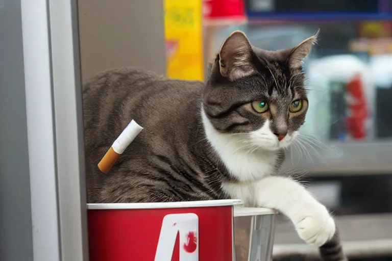 Prompt: cat smoking a cigarette in 7 - eleven