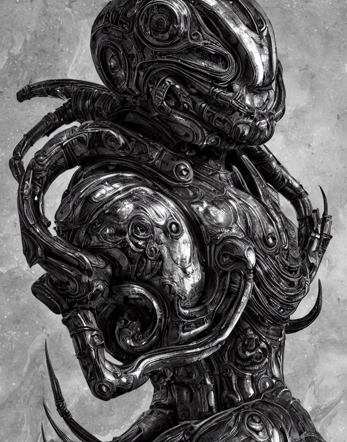 Image similar to engineer prometheus face, xenomorph alien face, highly detailed, symmetrical long head face, smooth marble surfaces, detailed ink illustration, raiden metal gear, cinematic smooth stone, deep aesthetic, concept art, post process, 4k, carved marble texture and silk cloth, latex skin, highly ornate intricate details, prometheus, evil, moody lighting, hr geiger, hayao miyazaki, indsutrial Steampunk