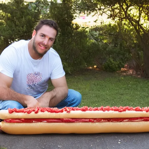 Image similar to man eating a ten foot long hotdog