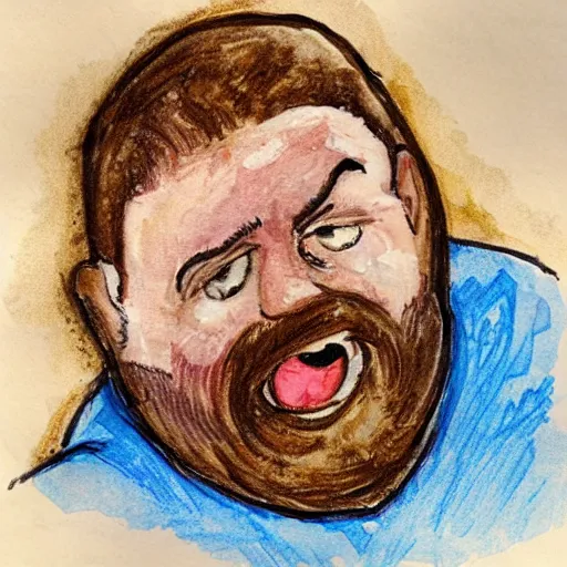 Image similar to a half-dwarf man eating cheese pizza, focus face, hard sketch