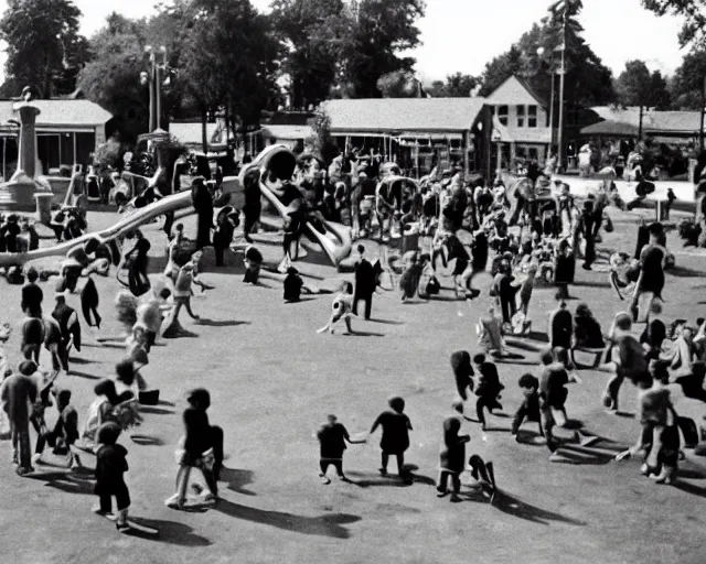 Image similar to an old photo of a crowded playground from the 1 9 5 0 s with slenderman in the background