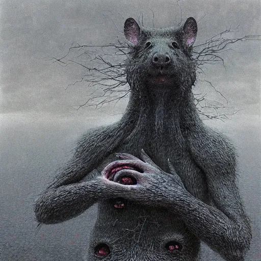 Prompt: agouti beksinski, eldritch, apocalypse, creepy creature, horror spooky