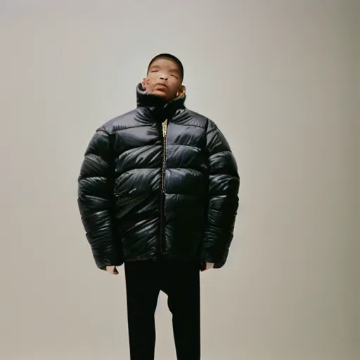 Image similar to realistic photoshooting for a new balenciaga lookbook, color film photography, portrait of a blonde asian woman, model wearing a puffer jacket, photo in style of tyler mitchell, 3 5 mm,