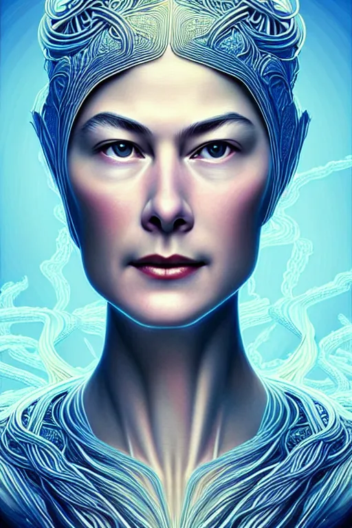 Image similar to young rosamund pike portrait as the flying spaghetti monster god, art deco, fantasy, intricate art deco designs, elegant, highly detailed fractals, sharp focus, art by artgerm and beeple and greg rutkowski and wlop