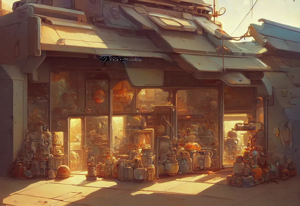 Prompt: a small chubby futuristic shop in the desert surrounded by two metal boxes, intricate oil painting, high detail illustration, sharp high detail, manga and anime 1 9 9 9, official fanart behance hd artstation by jesper ejsing and makoto shinkai, 4 k,