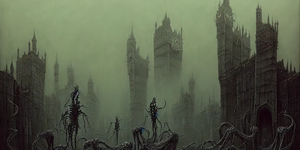 Image similar to matte painting of eldritch creatures with surrealistic morphed skeletons roaming the streets of London, Zdzislaw Beksinski, Wayne Barlowe, Joe Fenton, gothic, cosmic horror, dystopian, biomorphic, lovecraftian, amazing details, cold hue's