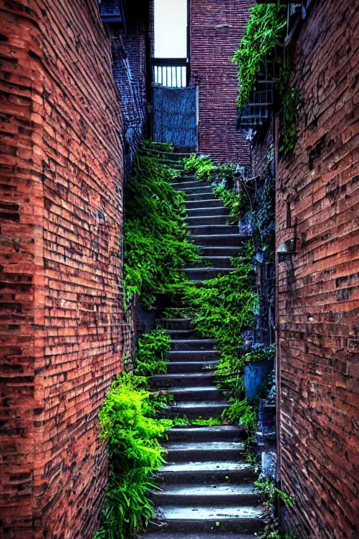 Prompt: small overgrown urban garden at twilight in Montreal backalley, brick wall, metal spiral staircase, overcast sky, moonlight, volumetric lighting, cell-shading, blue and black color scheme