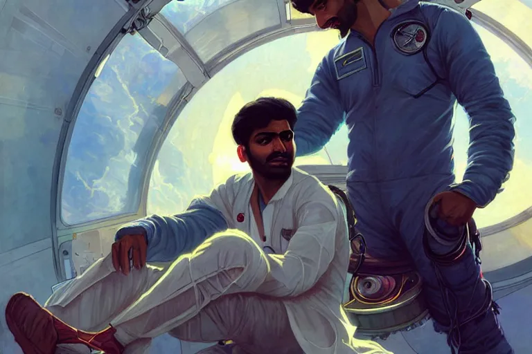 Image similar to Pensive good looking pale young Indian doctors wearing jeans in a space station above Earth, portrait, elegant, intricate, digital painting, artstation, concept art, smooth, sharp focus, illustration, art by artgerm and greg rutkowski and alphonse mucha