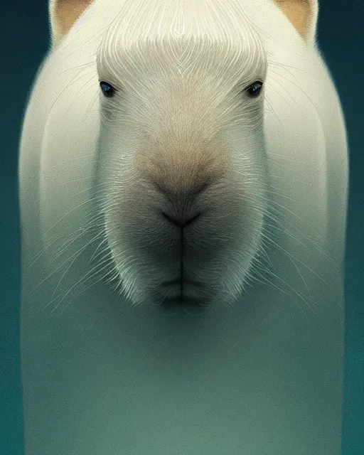 Image similar to complete and delicate portrait of a white capybara, beautiful, agile, fairy, myth, legend, detailed, trending on artstatioin, light effects, kilian eng, john harris, bastien lecouffe - deharme