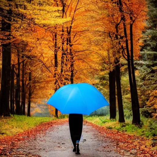 A Woman Carrying A Blue Umbrella Walks Away From The 