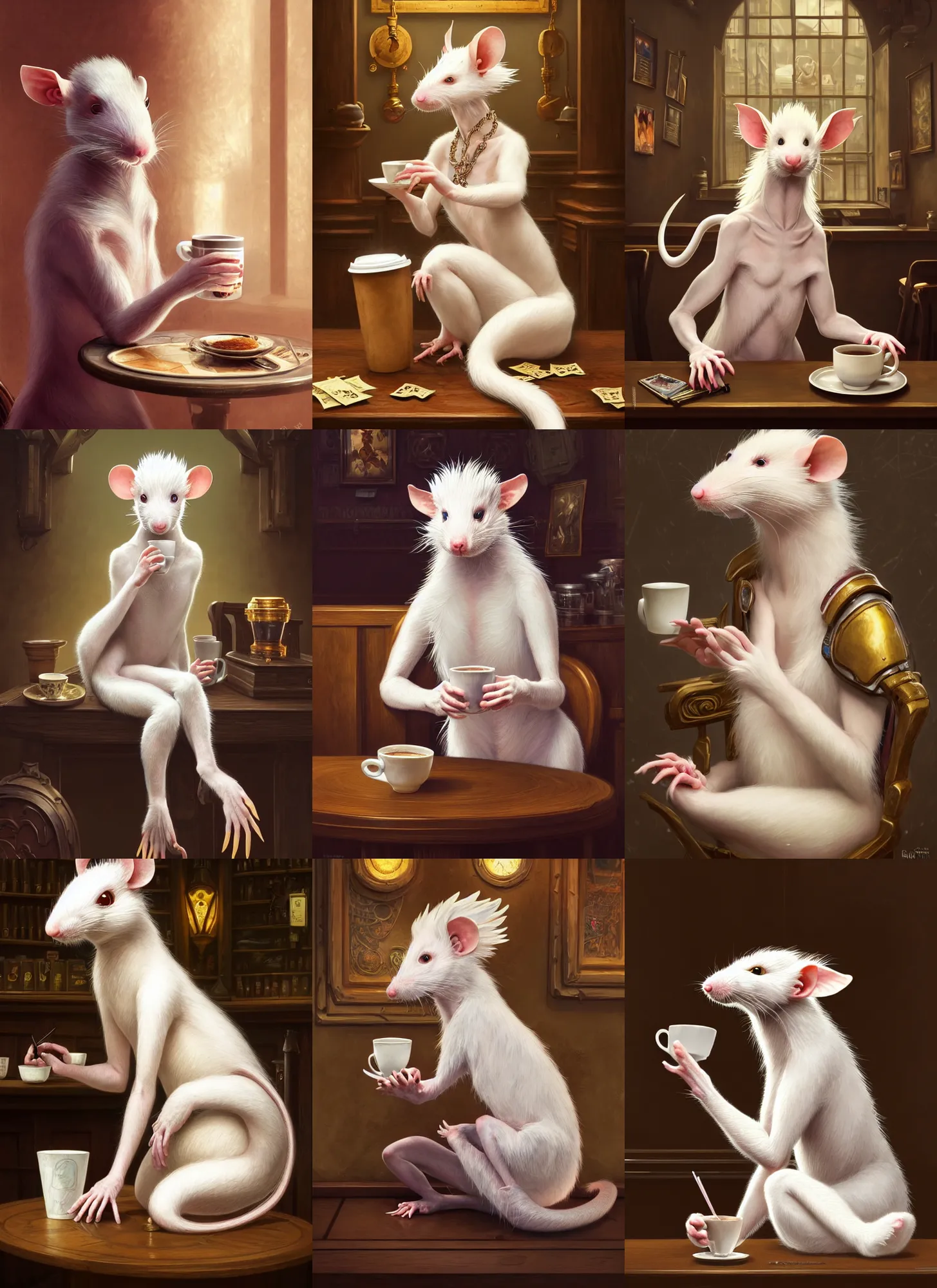 Prompt: photograph of a female anthropomorphic albino rat fursona sitting in a coffee shop, deep focus, intricate, elegant, highly detailed, digital painting, artstation, concept art, matte, sharp focus, illustration, d & d, fantasy, hearthstone, art by artgerm and greg rutkowski and alphonse mucha