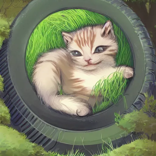 Prompt: cute kitten sleeping in an overgrown tire in a forest, digital art, artstation, studio ghibli