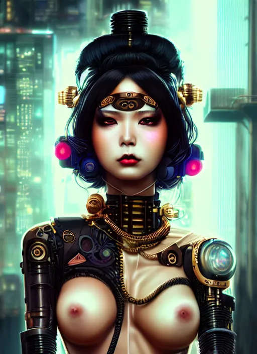Image similar to soft lustrous ebony geisha seductive raver gutter punk steampunk cyborg, yakuza, golden ratio, details, scifi, fantasy, cyberpunk city, intricate, decadent, highly detailed, octane render, digital painting, artstation, concept art, sharp focus, illustration, art by artgerm, loish, wlop