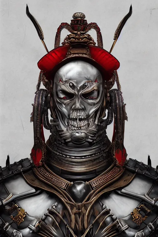 Prompt: digital painting low angle shot face portrait of samurai vampire by ayami kojima, hajime sorayama, tooth wu, in the style of dark - fantasy, samurai armour by h. r. giger, intricate detail, shogun, skull motifs, red, bronze, artgerm