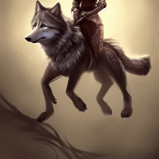 Image similar to a girl riding a wolf, trending on artstation