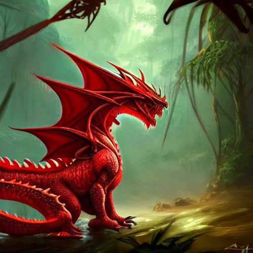 Image similar to A dragon born with red scales and wings, wearing viking armor, in a rainforest, trending on artstation