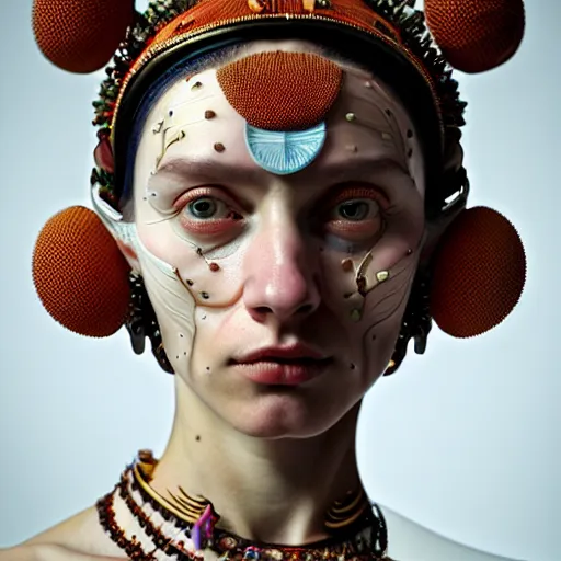 Image similar to Colour Caravaggio style Photography of Highly detailed beautiful Woman with 1000 years perfect face and wearing detailed Ukrainian folk costume designed by Taras Shevchenko also wearing highly detailed retrofuturistic sci-fi Neural interface designed by Josan Gonzalez. Many details In style of Josan Gonzalez and Mike Winkelmann and andgreg rutkowski and alphonse muchaand and Caspar David Friedrich and Stephen Hickman and James Gurney and Hiromasa Ogura. Rendered in Blender and Octane Render volumetric natural light