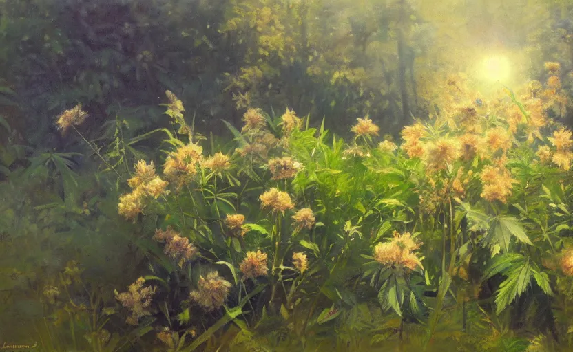 Image similar to oil painting lanscape by anders zorn, nature, leaf bush, marijuana leaves, cannabis flowers backlight, reflections