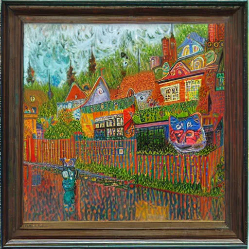 Image similar to painting of a dumpster by louis wain