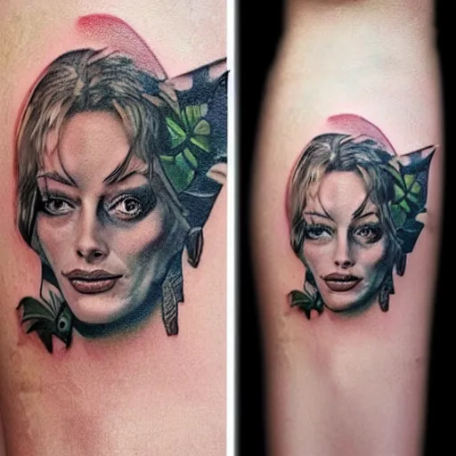 Image similar to surrealist tattoo design of margot robbie and nature mash up, in the style of arlo dicristina, amazing detail, face morph