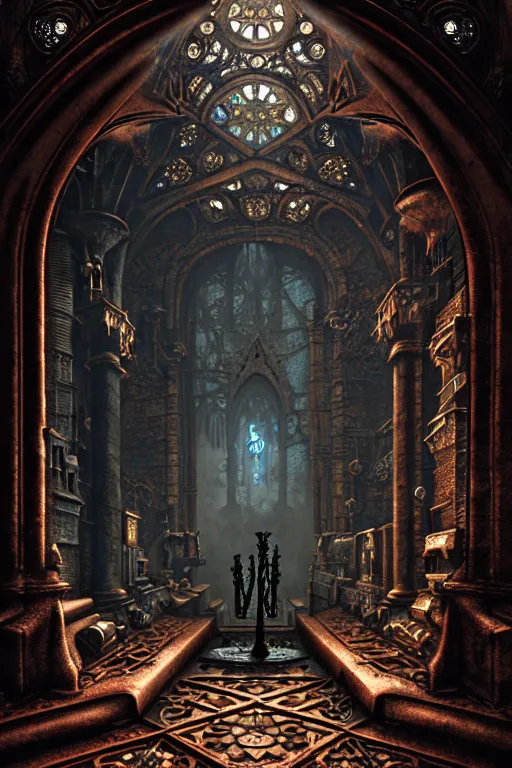 Image similar to steam necropolis, memento mori, gothic, neo - gothic, art nouveau, hyperdetailed copper patina medieval icon, stefan morrell, philippe druillet, ralph mcquarrie, concept art, steampunk, unreal engine, detailed intricate environment, octane render, moody atmospherics, volumetric lighting, ultrasharp, ominous, unearthly