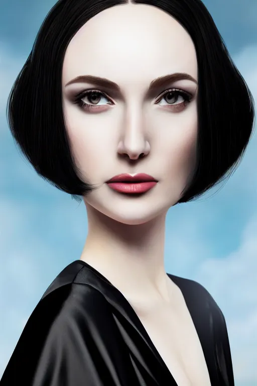 Image similar to hyper - realistic close - up portrait of a modern woman, pale skin, in a black silk robe, in the retrofuturism style