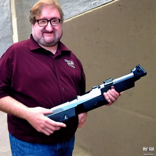 Prompt: Gabe Newell delivering a pistol to an apartment