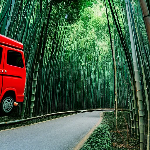 Image similar to a red daihatsu delta truck parked in the apex of a curve with the road surrounded by a canopy of bamboo trees, the shadows of the leaves are proyected onto the road photographed with a nikon f 3 camera and a 3 5 mm f / 4 lens using portra 4 0 0 film stock