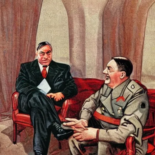 Prompt: hungarian prime minister viktor orban sits on hitler's lap, nazi germany propaganda poster art 1 9 4 4, highly detailed, colored