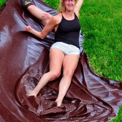 Image similar to adult sliding down chocolate pudding slip n slide legs first, professional photo taken at the park