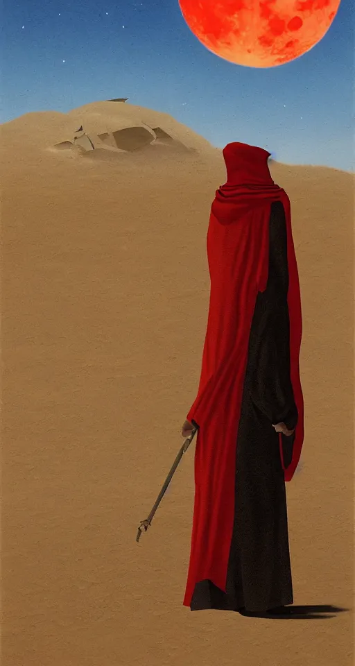 Image similar to big red moon in the desert. ruins of the ancient city. a man in a cloak with a hood and a staff looks into the distance from the dune, visual novel, oil painting