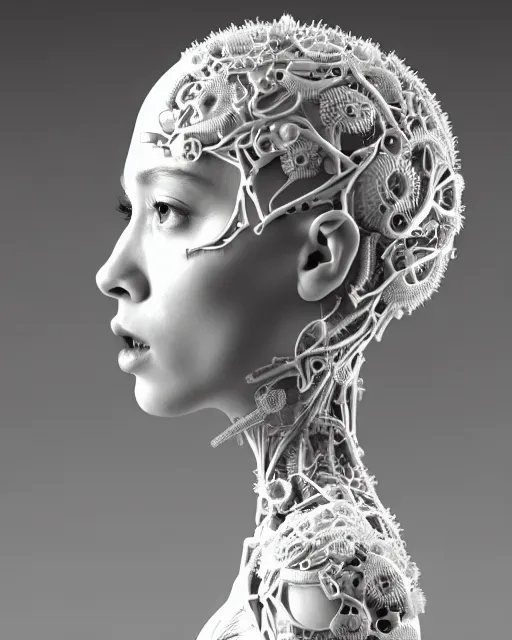 Prompt: bw 3 d render, stunning beautiful young cute biomechanical albino female cyborg with a porcelain profile face, angelic, rim light, big leaves and stems, roots, fine foliage lace, alexander mcqueen, art nouveau fashion embroidered, steampunk, silver filigree details, hexagonal mesh wire, mandelbrot fractal, elegant, artstation trending