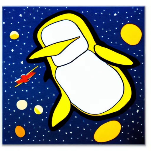 Prompt: wooden penguin flying in space, abstract