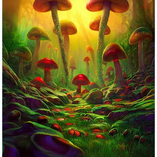 Image similar to bright, colorful, realistic, detailed from Elder Scrolls: shivering isles concept mania mushroom forest realm of madnessa portrait backlighting, kodachrome, high contrast, highly detailed, sharp focus, digital painting, concept art, illustration, trending on artstation, comic book by Alex Ross and Adam Adamowicz cover art