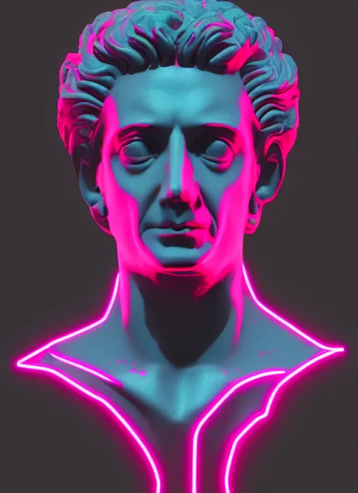 Image similar to bust of victorious caesar, beeple, vaporwave, retrowave, black background, neon wiring, black, glitch, strong contrast, cuts, pinterest, trending on artstation