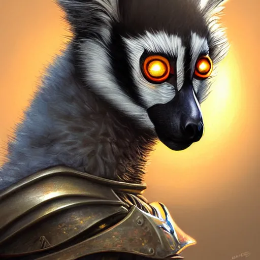 Image similar to lemur in knight armor, sun in the background, intricate, elegant, fantasy, highly detailed, digital painting, artstation, concept art, smooth, sharp focus, illustration, art by artgerm