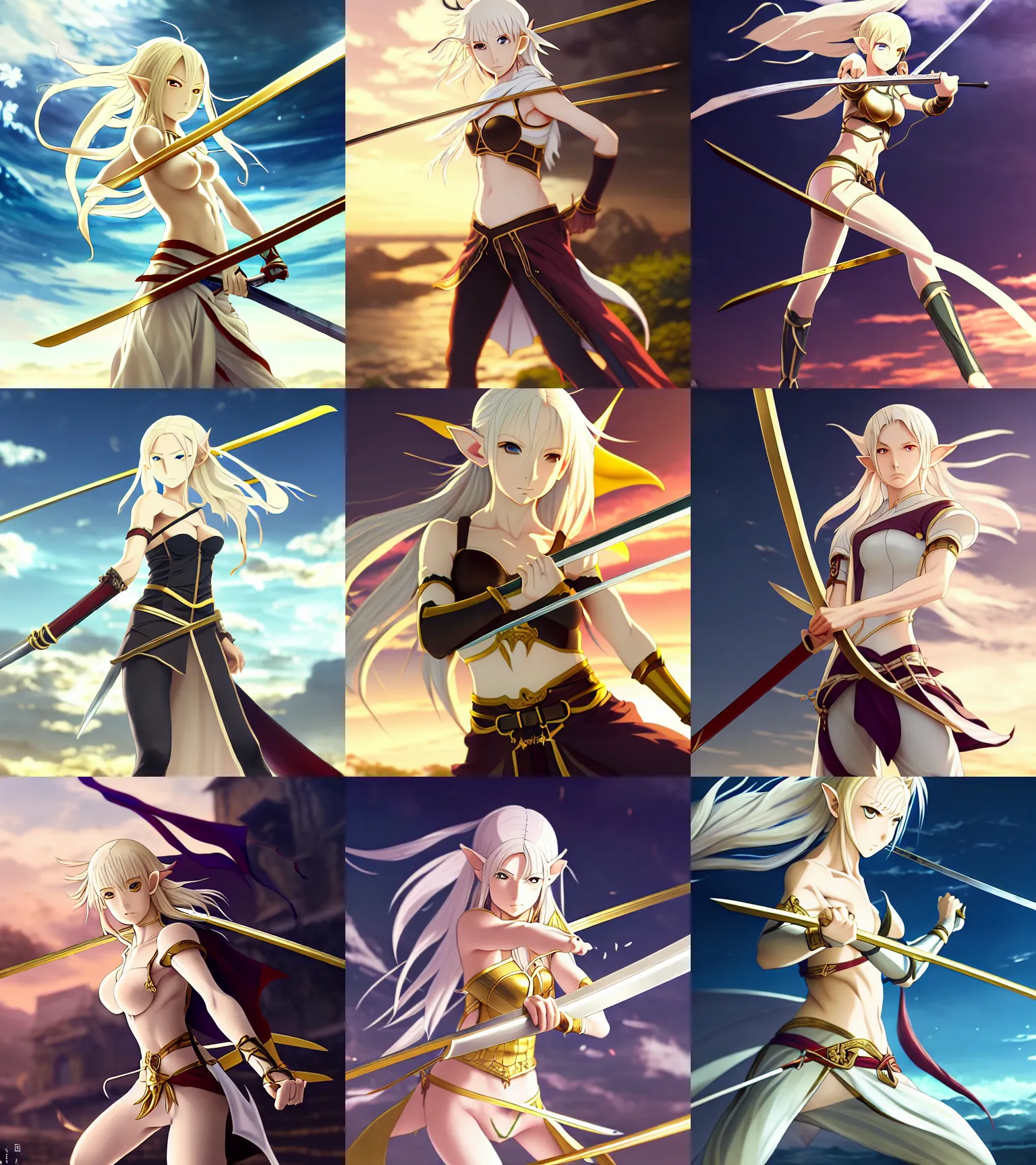 Prompt: renaissance anime brave elf girl with white skin, strong pose, stunning face, katana in hand, golden hair blowing the wind, strong pose, trending art, dynamic photography, centered, fate zero, extremely high detailed, bokeh color background, studio ghibly makoto shinkai yuji yamaguchi, wlop