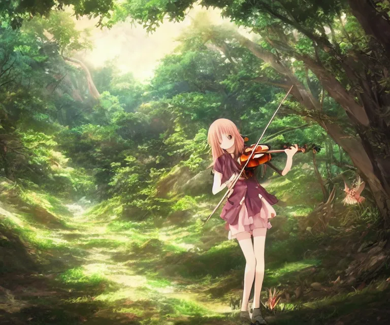 Image similar to violin in a forest, anime fantasy illustration by tomoyuki yamasaki, kyoto studio, madhouse, ufotable, comixwave films, trending on artstation