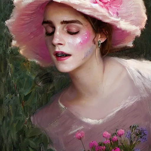 Image similar to laughing thick paint brush strokes full body fashion model emma watson by Jeremy Lipking by Hasui Kawase by Richard Schmid (((smokey eyes makeup eye shadow fantasy, glow, shimmer as victorian woman in a long white frilly lace dress and a large white hat having tea in a sunroom filled with flowers, roses and lush fern flowers ,intricate, night, highly detailed, dramatic lighting))) , high quality