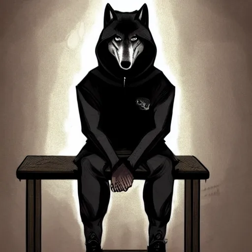 Image similar to Wolf like a Human, dressed black hoodie, sitting at the bar, light falls on him, sad mood, digital art, artstation, high quality, detailed,