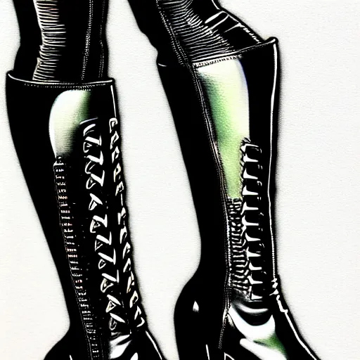 Prompt: close - up of a walking woman's leather boots, punk rock, 1 9 8 0's art, airbrush style, art by hajime sorayama,, intricate, elegant, sharp focus, illustration, highly detailed, h 6 4 0