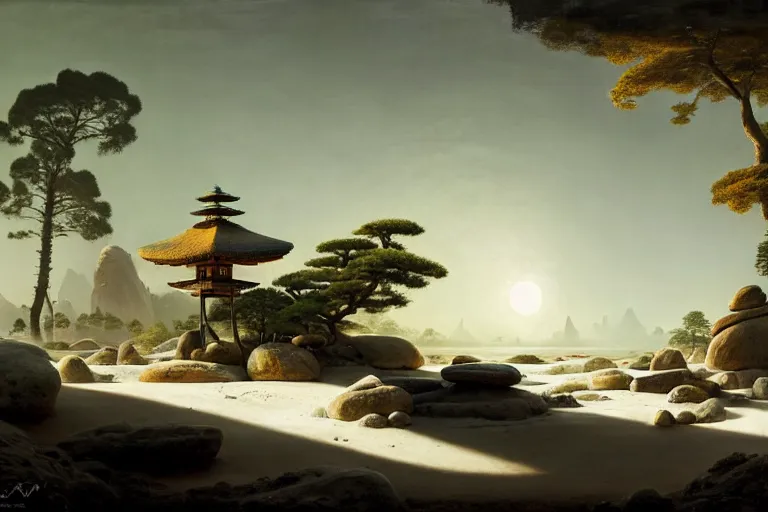 Prompt: a solarpunk zen garden by simon stalenhag and hubert robert and ivan shishkin and zacharias aagaard and gillis rombouts, white sand, smooth rocks, chiaroscuro, tonalism, sfumato, high saturation, high contrast, vibrant, highly intricate details, dusty