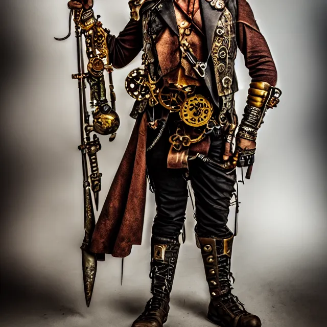 Prompt: full length photo of a steampunk warrior, 8 k, hdr, smooth, sharp focus, high resolution, award - winning photo