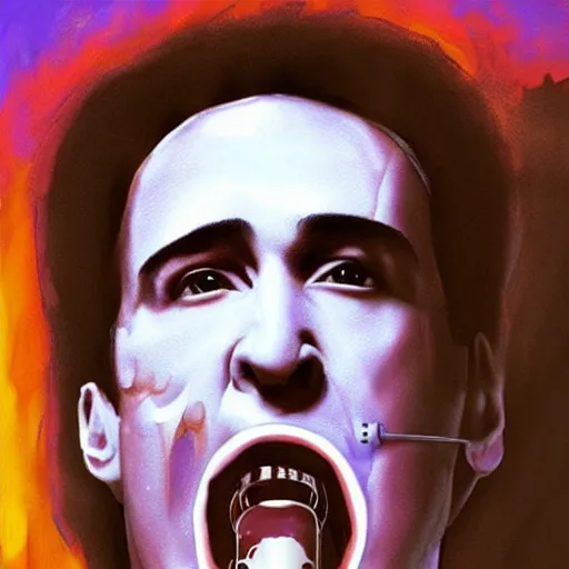 Prompt: Tarantino drinking from bottle Nicolas Cage in liquid form, Surrealism, Surreal drawing, Digital art, from artstation, art by Salvador Dali