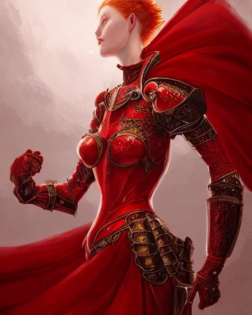 Image similar to redhead queen knight in red armor, inside grand hall in castle with rococo aesthetic, beautiful face, intimidating, high fantasy, intricate detail, digital painting, artstation, concept art, smooth, sharp focus, illustration, art by yoshitaka amano and monia merlo and wlop, masterpiece.